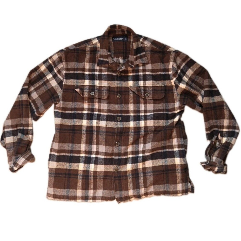 Abercrombie & Fitch Shirt Jacket Brown Plaid Flannel Shacket Mens Large EUC